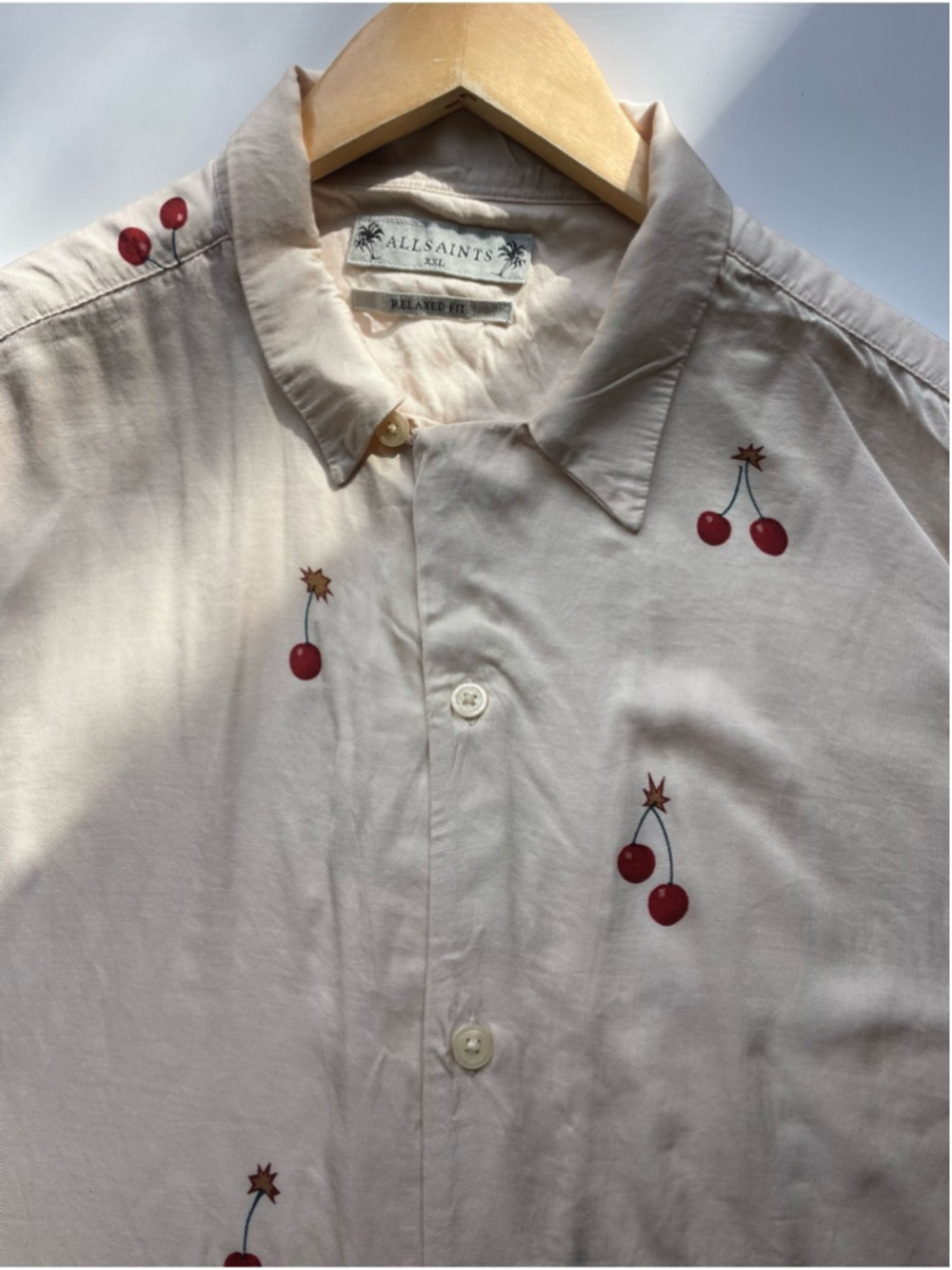 All Saints Cream Short-Sleeve Button-Down Shirt with Cherry bomb - Picture 8 of 10